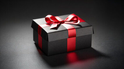 Black gift with a red ribbon on a raised texture background.