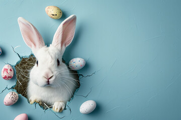 Adorable white bunny looking through the hole in the blue baclkroung. Easter add. copy space. High quality photo
