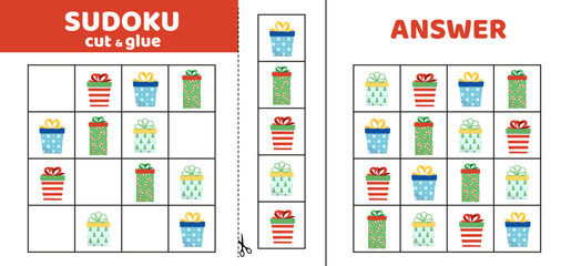 Fototapeta na wymiar Sudoku for kids with Christmas gifts. Sudoku for kids. Cut and glue. Cartoon