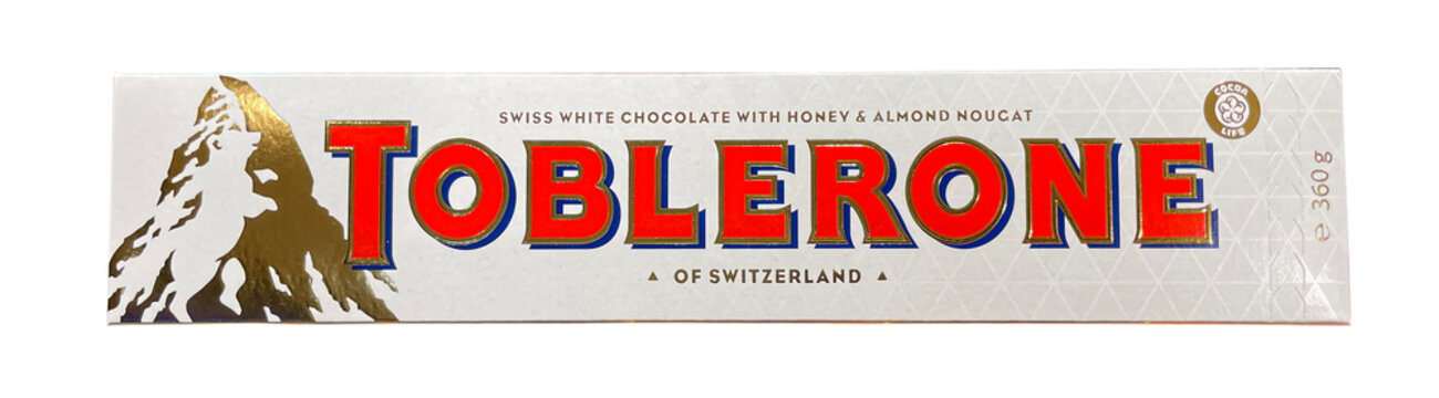 Bar of Toblerone white cholocate with honey and almonds.