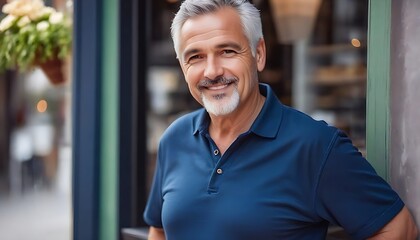 Happy smiling confident european middle aged older adult man small local business owner standing outside own cafe looking away and dreaming. Old senior entrepreneur portrait. Entrepreneurship
