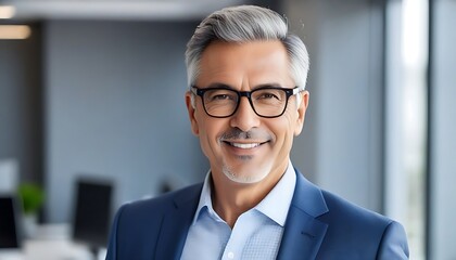 Smiling confident mature businessman looking at camera standing in office. Elegant stylish corporate leader successful ceo executive manager wearing glasses posing for headshot business portrait. - obrazy, fototapety, plakaty