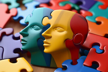 DEI, diversity equity and inclusion concept. Different faces puzzle. High quality photo