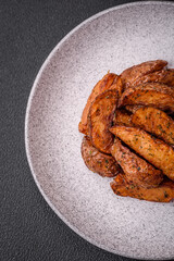 Delicious crispy potato wedges with garlic, salt, spices and herbs