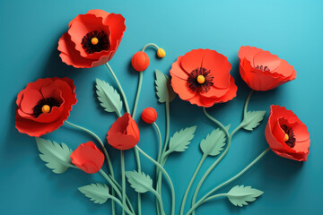 A striking paper art display of red poppies stands out against a teal background, a creative tribute to ANZAC Day remembrance