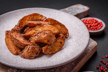 Delicious crispy potato wedges with garlic, salt, spices and herbs