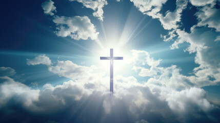 Jesus cross symbol on infinite sky background. Sky with clouds and sun rays with Christian cross in the middle - religious catholic background with copy space
