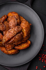 Delicious crispy potato wedges with garlic, salt, spices and herbs