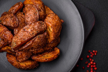 Delicious crispy potato wedges with garlic, salt, spices and herbs