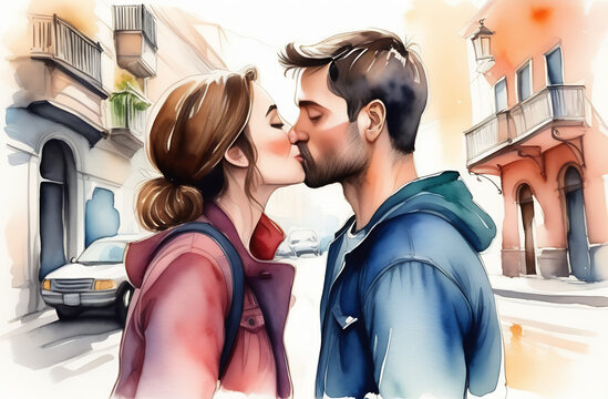 Banner Watercolor illustration. Realism. Young happy couple in love outdoors. loving man and woman on the street.