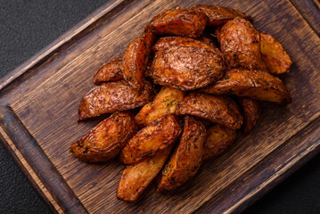 Delicious crispy potato wedges with garlic, salt, spices and herbs