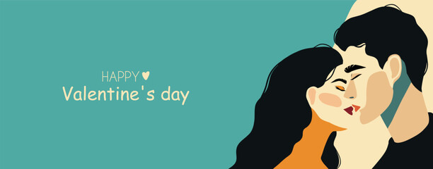 Postcard banner flat place for text romantic concept man and woman on blue background. Couple in love. Two lovers hug. Trendy illustration style minimalism holiday February 14, Valentine's Day - obrazy, fototapety, plakaty
