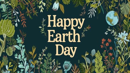 Fototapeta premium Happy earth day background on green with leaves
