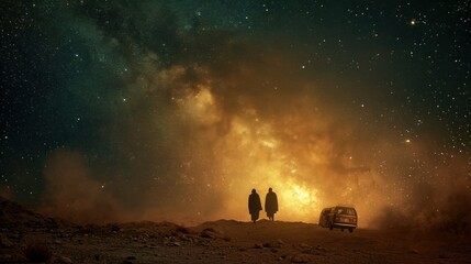 Silhouette of a man and a woman on the background of the Milky Way.