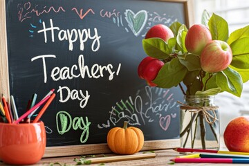 Fototapeta na wymiar Happy Teacher's Day. Greeting card, on the school board