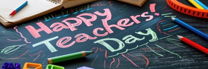 Happy Teacher's Day. Greeting card, on the school board