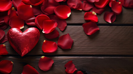 red rose petals leaves and heart chocolate on a wooden desk for valentines day holiday. romantic love wallpaper background for web design or print.