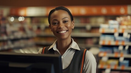 Portrait of a young adult entrepreneur, wearing an apron, managing the counter in a bustling grocery store.