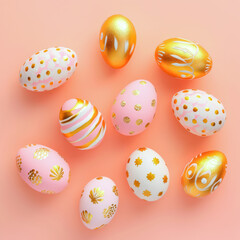 Fototapeta premium Easter eggs flat lay in hand painted decorated pastel pink and gold colors.