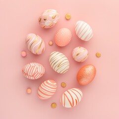 Easter eggs flat lay in hand painted decorated pastel pink and gold colors.