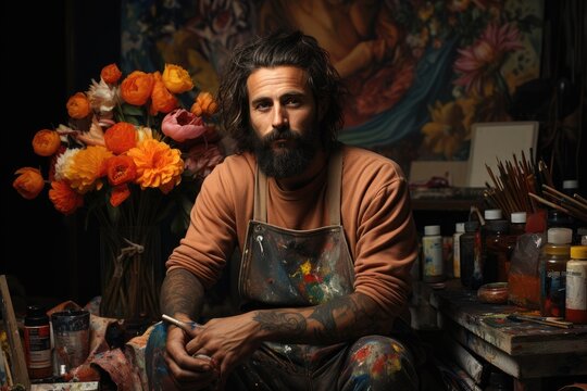 A bearded man in an apron sits contemplatively before a vibrant painting, surrounded by vases of flowers, exuding a sense of creative and artistic energy within the coziness of his indoor sanctuary