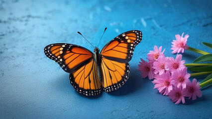 Orange butterfly on blue background with flowers