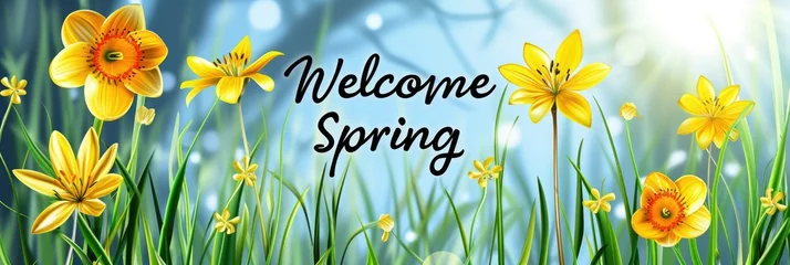Rideaux velours Typographie positive "Welcome Spring". Positive lifestyle concept.