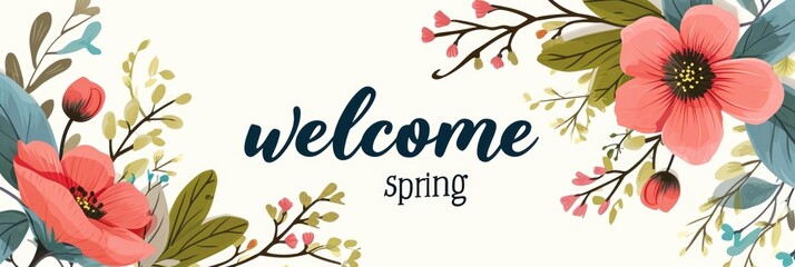 Welcome spring day. Flower tree for Happy holidays greeting card. Typography for spring holidays. - obrazy, fototapety, plakaty