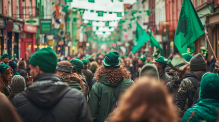 A lively street parade scene celebrating St. Patrick's Day 