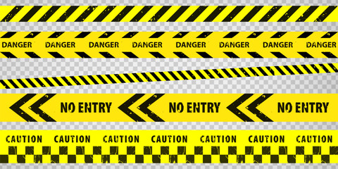 Black and yellow police stripe border, construction, danger, no entry caution tapes set. Set of danger caution grunge tapes.  Warning signs for your  design on transparent background. EPS10