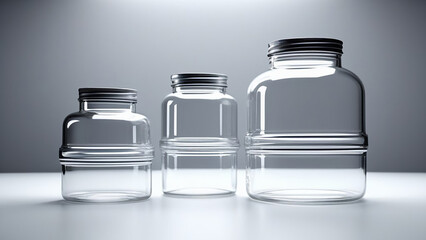 Empty transparent glass jars. Capacity.
