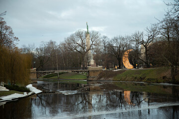 Fototapeta premium Riga in winter, Vermanes-Park against a blue sky. Riga, Latvia. High quality photo