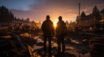 Fotobehang Two men survey the destruction as the fiery sunset casts a golden glow over the tree-filled horizon, their firefighter clothing caked with mud from the ongoing battle against the raging flames © familymedia