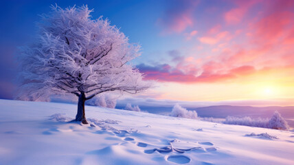 Winter landscape with a frosted tree at sunrise and colorful sky.