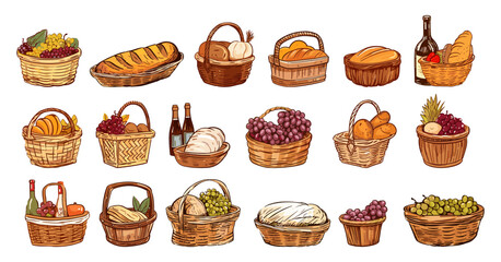 Food in rustic baskets, wine, fruits and vegetables, bread. Isolated picnic basket, spring or summer time rest on nature. Vector meals set