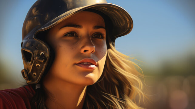 Focused female softball player with helmet in the field at sunset.