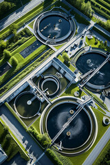 Aerial View of Modern Wastewater Treatment Plant, Urban Water Cleaning Facility in Action