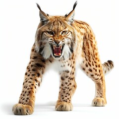 Fototapeta premium Fierce Lynx Roaring Isolated on White Background. Generative ai