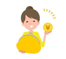 お金を持って喜ぶ女性。