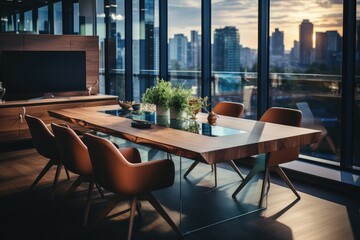 A modern office in a bustling city skyscraper, featuring a sleek coffee table surrounded by elegant chairs, with a view of the urban landscape through the floor-to-ceiling windows and a touch of gree