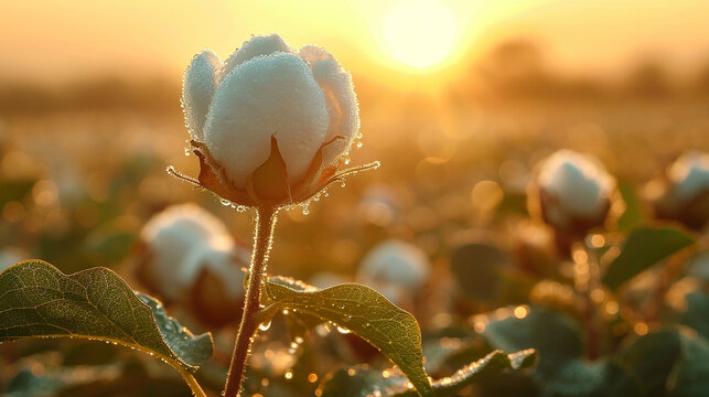 Close-up of a cotton bud delicately opening its fibers in the early morning dew, showcasing the intricate details of nature's craftsmanship in the early stages of cotton production