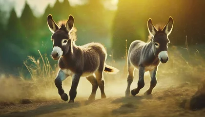 Tuinposter Young donkey running on meadow. Donkey on field    .ai generated © hanohiki