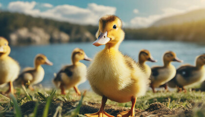 Cute ducklings and ducks at riverside  .ai generated