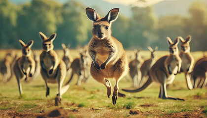 Group of kangaroos in nature. Kangaro herd outdoor  .ai generated - obrazy, fototapety, plakaty