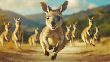 Young kangaroo jumping towards camera  .ai generated