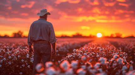 A farmer inspecting cotton plants against the backdrop of a colorful sunset, highlighting the symbiotic relationship between agriculture and nature in the cultivation of this essen - obrazy, fototapety, plakaty