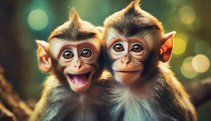 two monkey babies smiling. cute animal portrait .ai generated - obrazy, fototapety, plakaty