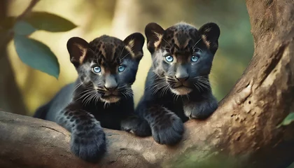 Tuinposter Black panther baby in nature. young Jaguar  .ai generated © hanohiki