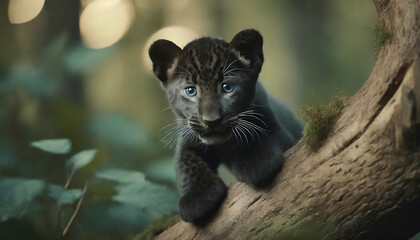 Black panther baby in nature. young Jaguar  .ai generated