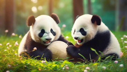  Cute, young panda bears playing with ball outdoor .ai generated